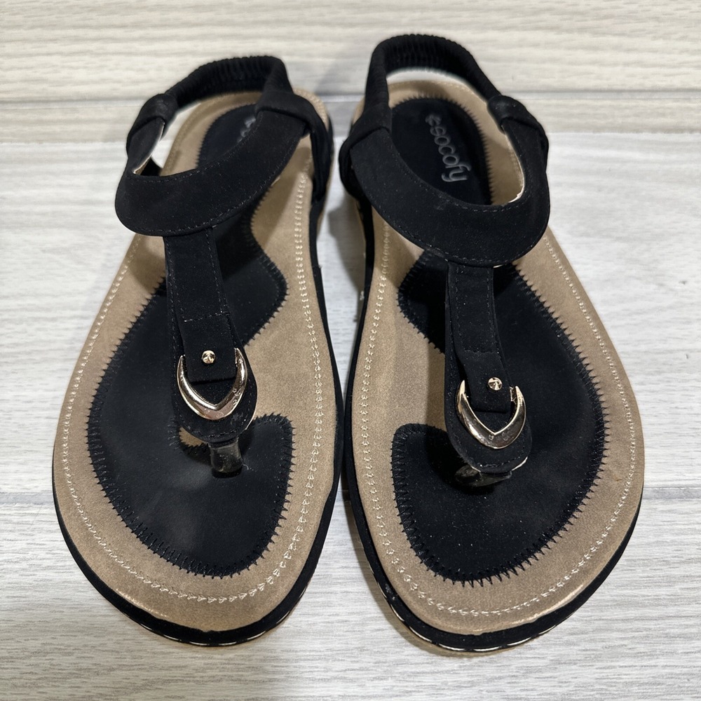 SOCOFY Women's (Size 40) Black‎ & Tan Toe Sandals Elastic Strap Gold Accent